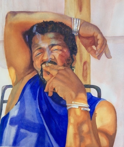 Watercolor portrait of a man smoking and resting by Sara Jane Parsons