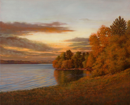 Oil painting of a lake at sunset by Carolyn H. Edlund