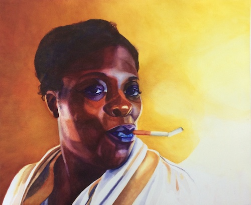 Watercolor portrait of a black woiman smoking by Sara Jane Parsons