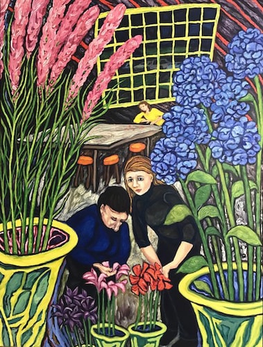 Painting of three women in a flower shop by Gail Kolflat