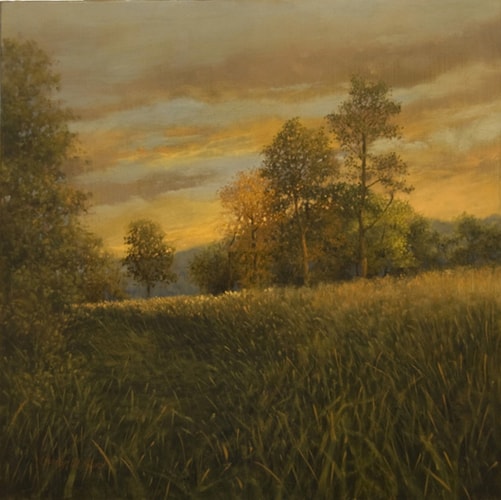 Oil landscape painting of a field and trees by Carolyn H. Edlund