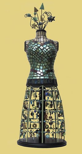 Mixed media and mosaic sculpture of a dress form by Judy Jordan