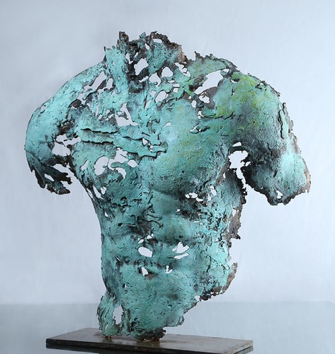Bronze sculpture with verdigris of a male torso by Gabrielle Fischer