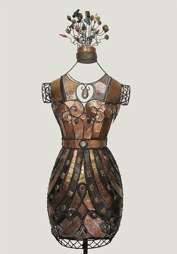 Mixed media figurative sculpture about Audrey's dress armor by Judy Jordan