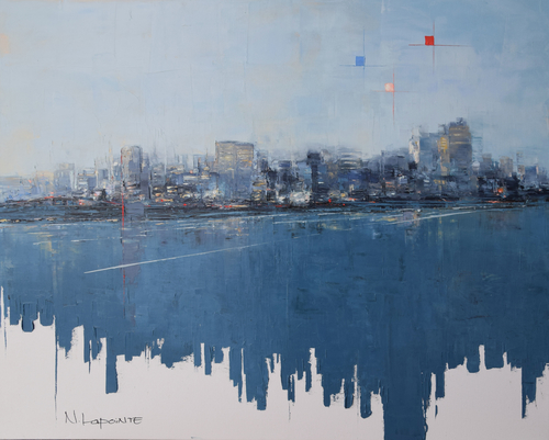 Oil painting of a city and water by Nathalie Lapointe