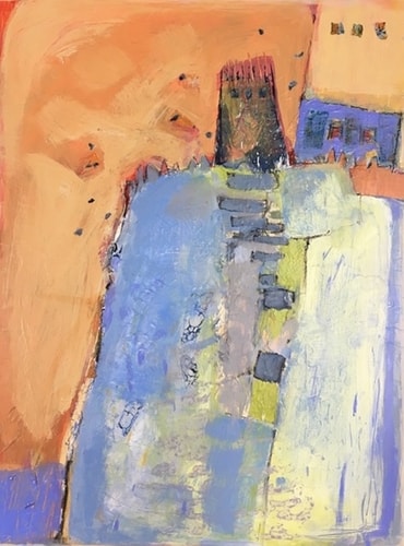 Abstract mixed media painting of stairs on the side of a cliff by Liz Cole