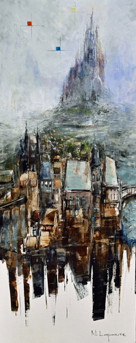 Oil painting of a fantasy city by Nathalie Lapointe