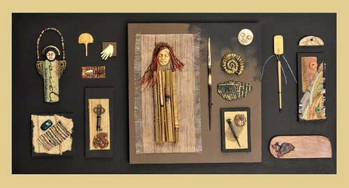 Shadowbox with mixed media objects on canvas about a museum by Judy Jordan