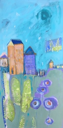 Abstract Mixed media painting of village gardens by Liz Cole