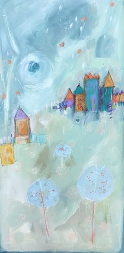 Abstract mixed media painting of a winter village scene by Liz Cole