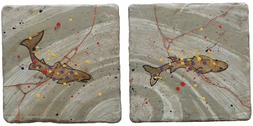 Abstract impressionistic images of fish on two panels by Amanda Bielby