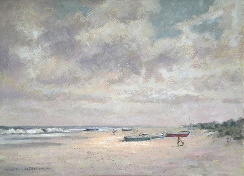 Oil painting of a beach with small boats and figures by Marc Poisson