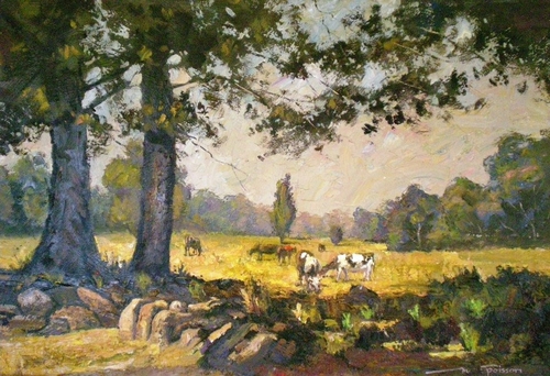 Oil painting of cows grazing in a field by Marc Poisson