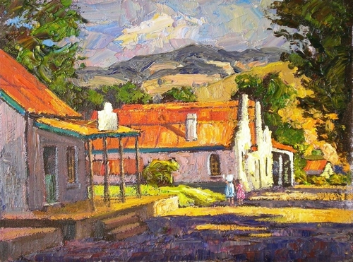 Oil painting of a street in Pilgrim's Rest, South Africa, by Marc Poisson