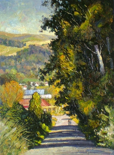 Oil painting of a tree lined dirt road by Marc Poisson