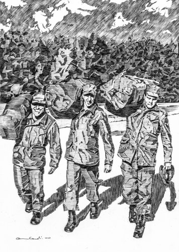 Figurative graphite drawing of soldiers in the 196th Light Infantry by Carmen Verdi