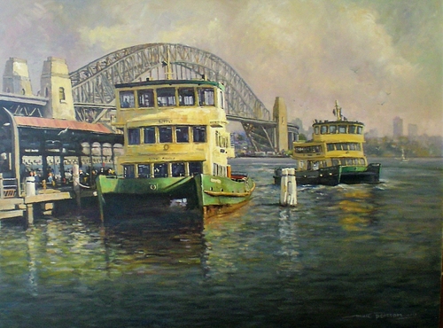 Oil painting of the Sydney, Australia, harbour with ferries and a bridge in the background by Marc Poisson