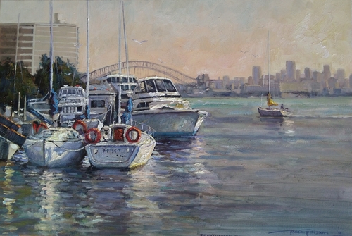 Oil painting of the Sydney, Australia, harbor by Marc Poisson