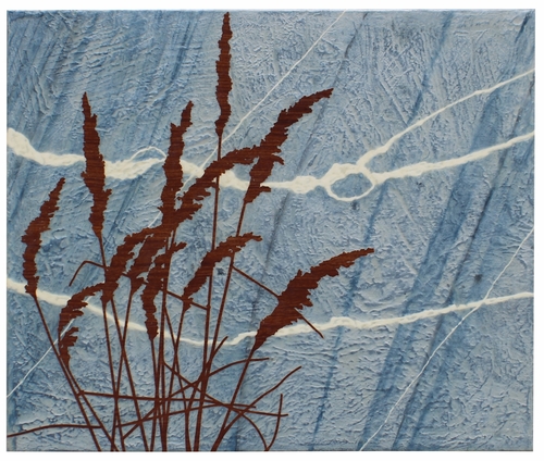 Abstract upcycled mixed media image of grasses and sky by Amanda Bielby