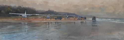 Oil painting of small planes on a Fraser Island beach by Marc Poisson