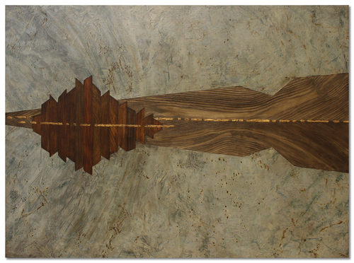Abstract upcycled mixed media image of a lake and shore by Amanda Bielby