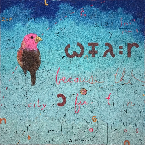 Abstract volcanic rock painting with a bird and symbols by Bob Landstrom