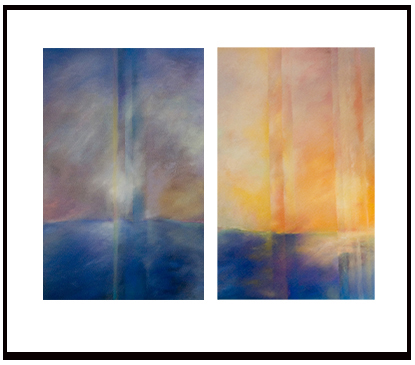 Diptych pastel painting by Barbara Jacobs showing sunrise and sunset