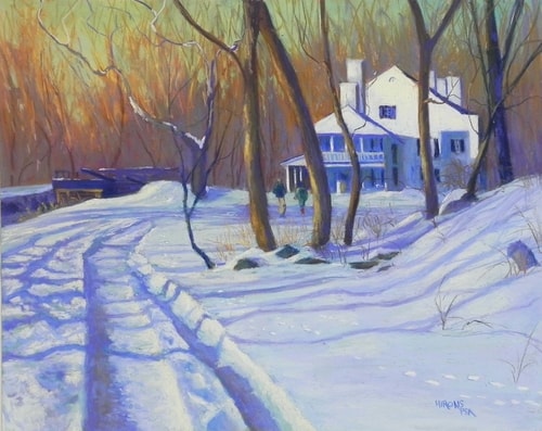 Pastel winter landscape featuring Great Falls Tavern by Jean Hirons