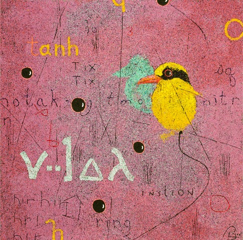 Abstract volcanic rock painting of a yellow bird and symbols by Bob Landstrom