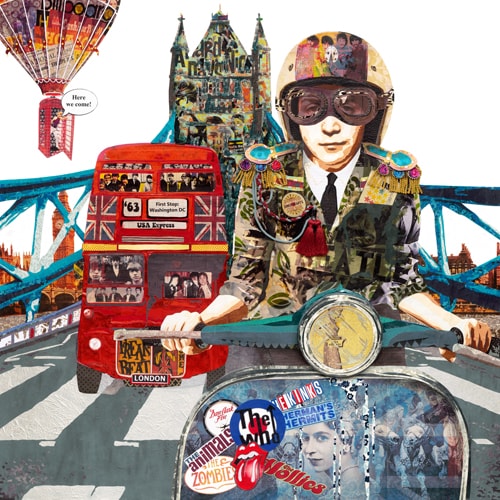 Mixed media paper collage of London icons by Kristi Abbott