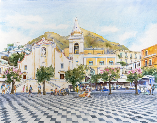 “La Piazza IX Aprile, Taormina” Watercolor by Kimberly Cammerata