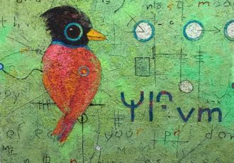 Volcanic rock painting of a red bird on a green background by Bob Landstrom