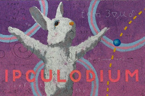 Abstract volcanic rock painting of a white rabbit and symbols by Bob Landstrom