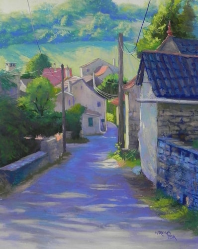 Pastel landscape of a French village by Jean Hirons