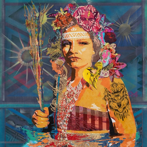 Mixed media paper collage of a North American female warrior by Kristi Abbott