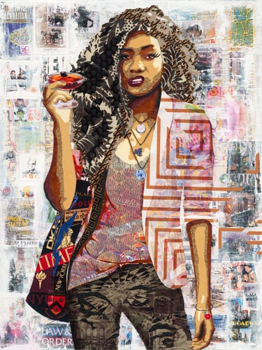 Mixed media paper collage of a New York girl by Kristi Abbott