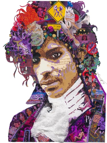 Mixed media paper collage of Prince by Kristi Abbott