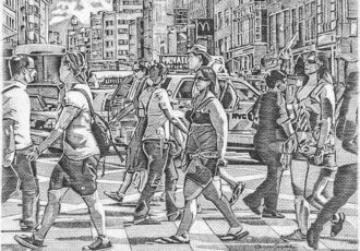 Figurative Graphite drawing of rush hour in Manhattan by Carmen Verdi