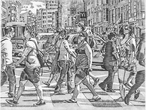 Figurative Graphite drawing of rush hour in Manhattan by Carmen Verdi