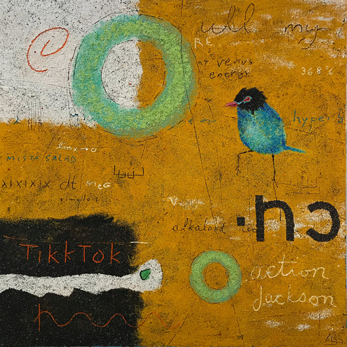 Abstract volcanic rock painting of a bird and symbols by Bob Landstrom