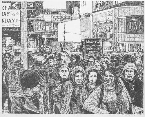 Graphite figurative drawing of a crowded New York sidewalk by Carmen Verdi