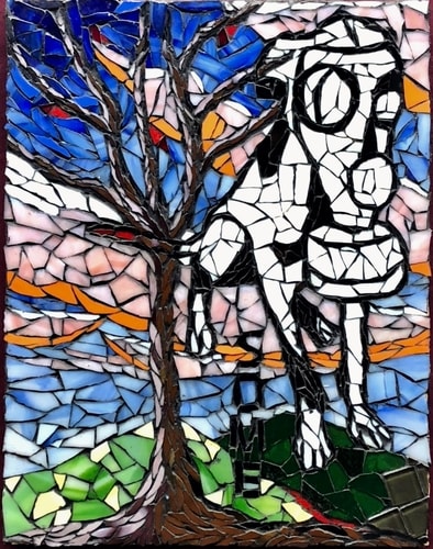 Abstract glass mosaic of a god and a tree by Carol Davis