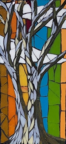 Abstract glass mosaic of a tree by Carol Davis