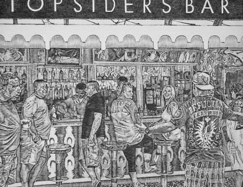 Figurative graphite drawing of people at a bar by Carmen Verdi