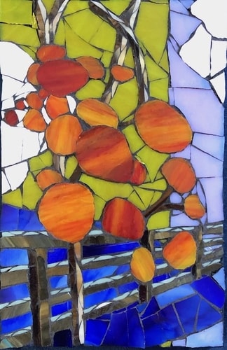 Abstract glass mosaic of leaves and a fence by Carol Davis