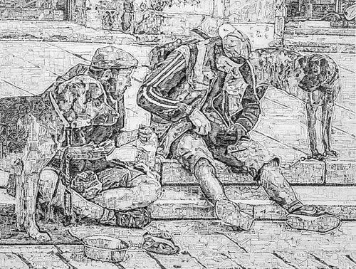 Figurative graphite drawing of two homeless people with their dogs by Carmen Verdi