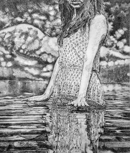 Cropped figurative graphite and charcoal drawing of a woman standing in a lake by Carmen Verdi
