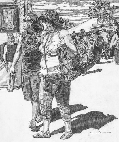 Figurative graphite drawing of two people shopping at a craft fair by Carmen Verdi