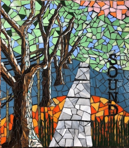 Abstract glass mosaic of a tree lined sidewalk by Carol Davis