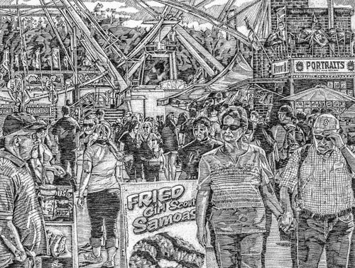 Figurative graphite drawing of a crowd at the Big E by Carmen Verdi